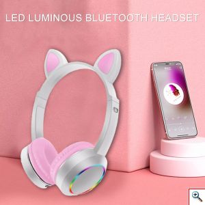 Bluetooth Ασύρματα Ακουστικά Αυτιά Γάτας με Πολύχρωμα Φώτα RGB & Ενσοματωμένο Μικρόφωνο - Wireless Cat Ear Headphones AKZ-K24 Γαλάζια