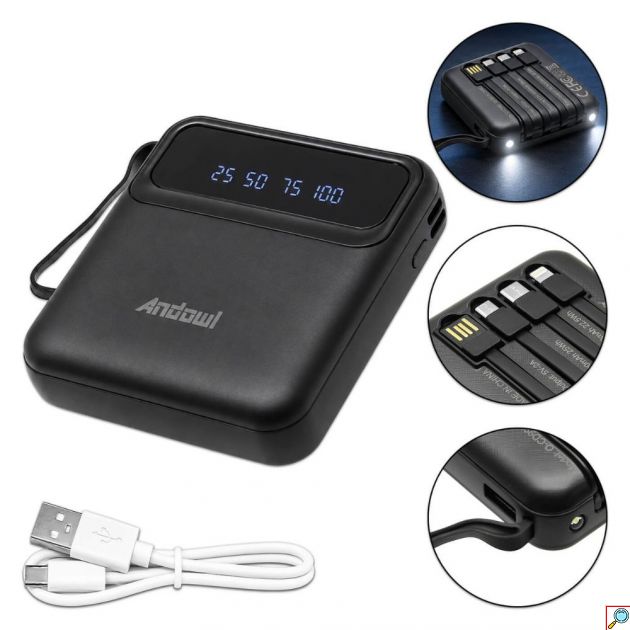 Power Bank 6800mAh – Ενσωματωμένα Καλώδια & Φακός - USB-A/C, Micro, Lightning, Οθόνη LED, Compact Μέγεθος 10W