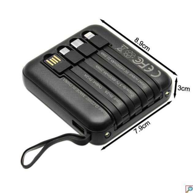 Power Bank 6800mAh – Ενσωματωμένα Καλώδια & Φακός - USB-A/C, Micro, Lightning, Οθόνη LED, Compact Μέγεθος 10W