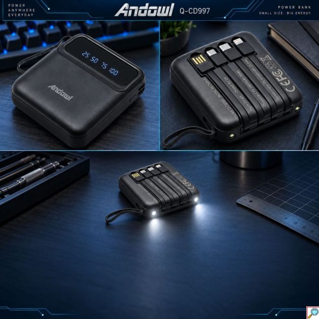 Power Bank 6800mAh – Ενσωματωμένα Καλώδια & Φακός - USB-A/C, Micro, Lightning, Οθόνη LED, Compact Μέγεθος 10W