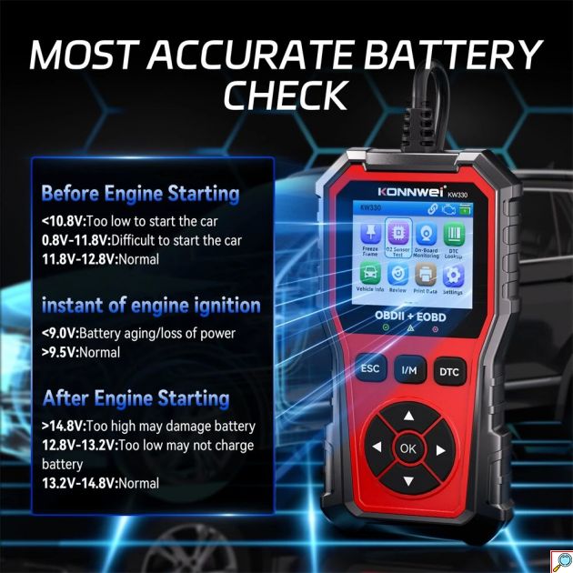 Διαγνωστικό Αυτοκινήτου - OBD2/EOBD/CAN, Έγχρωμη Οθόνη 2,8″ & Έλεγχος Μπαταρίας