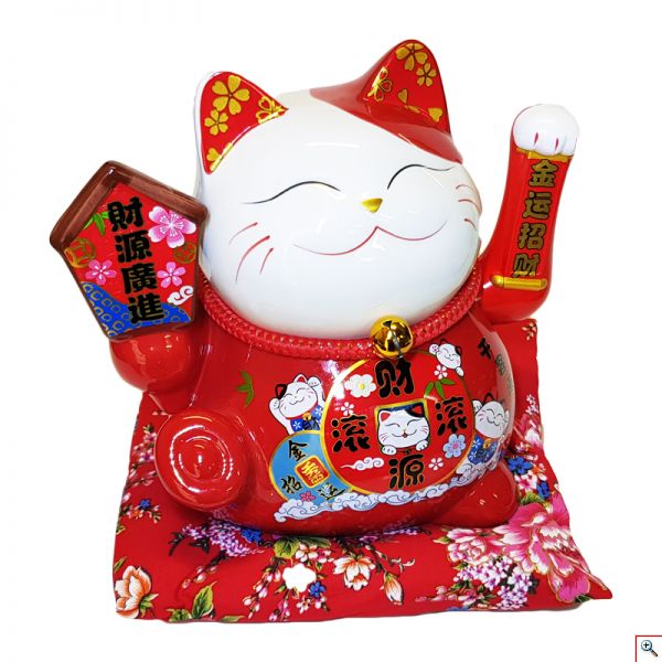 Διακοσμητική Τυχερή Λευκή Γάτα Καλωσορίσματος σε Μαξιλάρι Ρεύματος και Μπαταρίας - Feng Shui Welcome Cat 24cm