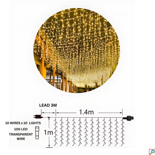 Χριστουγεννιάτικα Λαμπάκια Βροχής 100LED Θερμού Φωτισμού 1,4 x 1 m - Ιδανικά για Εσωτερικό & Εξωτερικό Χώρο