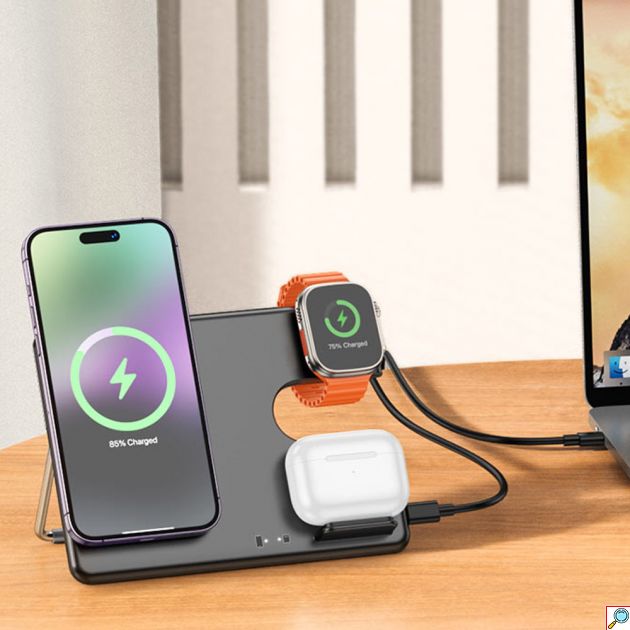 Επιτραπέζια Αναδιπλούμενη Βάση Φόρτισης Magsafe 3 σε 1 3A 15W με Κάθετη Φόρτιση 3 Συσκευών και Ρυθμιζόμενο Βραχίωνα Hoco Μαύρη