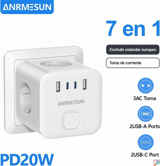 Πολύπριζο Cube Anrmesun – 7 σε 1 με 3 Πρίζες & 4 USB - 3840W, Γρήγορη Φόρτιση PD 20W, Compact, Προστασία Υπερφόρτωσης