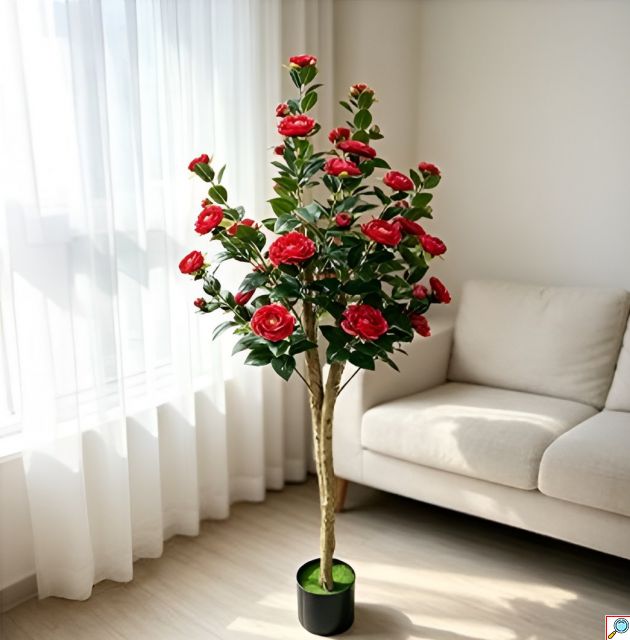 Τεχνητό Δέντρο Καμέλια 160cm – Ρεαλιστική Διακόσμηση με Κόκκινα Λουλούδια - Για Σαλόνι, Γραφείο & Επαγγελματικούς Χώρους