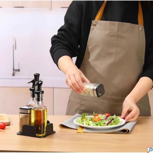Σετ Δοχεία Λαδιού, Ξυδιού & Μπαχαρικών 4 Θέσεων με Περιστρεφόμενη Βάση - Οργάνωση Κουζίνας, Γυάλινα Μπουκάλια