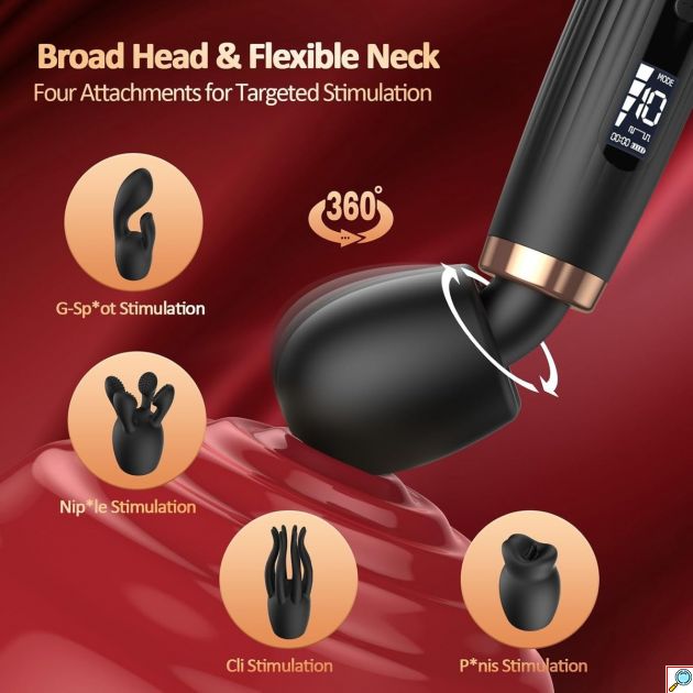 Δονητής Μασάζ Wand Vibrator με Οθόνη LCD και 4 Εναλλακτικές Κεφαλές, Εύκαμπτος Λαιμός 360 μοίρες, 5 Μοτίβα Δόνησης, Αδιάβροχος IPX6, Επαναφορτιζόμενος, Μαύρος