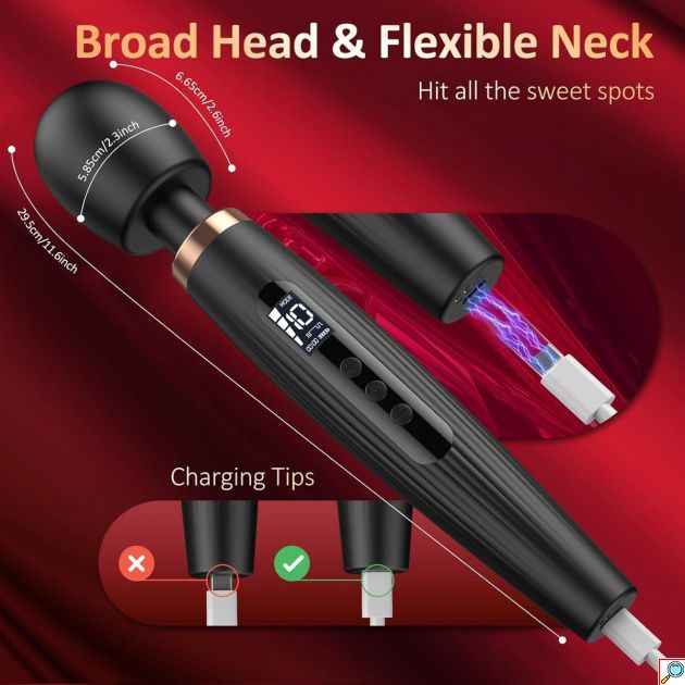 Δονητής Μασάζ Wand Vibrator με Οθόνη LCD και 4 Εναλλακτικές Κεφαλές, Εύκαμπτος Λαιμός 360 μοίρες, 5 Μοτίβα Δόνησης, Αδιάβροχος IPX6, Επαναφορτιζόμενος, Μαύρος