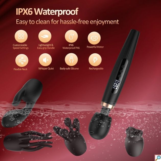 Δονητής Μασάζ Wand Vibrator με Οθόνη LCD και 4 Εναλλακτικές Κεφαλές, Εύκαμπτος Λαιμός 360 μοίρες, 5 Μοτίβα Δόνησης, Αδιάβροχος IPX6, Επαναφορτιζόμενος, Μαύρος