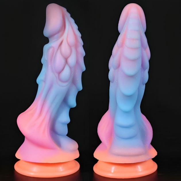 Dragon 22cm Παχύ, Μαλακό & Ευλύγιστο Ανάγλυφο Dildo Σιλικόνης με Ραβδώσεις & Ισχυρή Βεντούζα - Neon Πολύχρωμος Δράκος