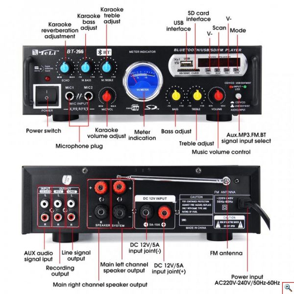 Ενισχυτής Ψηφιακό Ηχοσύστημα Καραόκε 12V-220V MP3 Player με σύνδεση Bluetooth & USB με Τηλεχειριστήριο, BT-266