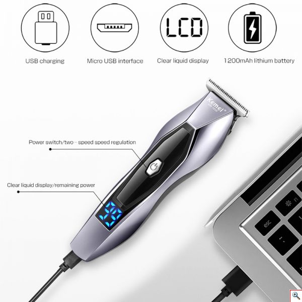 Eπαναφορτιζόμενη USB Κουρευτική - Ξυριστική Μηχανή με LCD Οθόνη, Πλήρες Σετ, με 4 Κεφαλές, Δοχείο για Λάδι & Βουρτσάκι Καθαρισμού, Kemei® KM-1656