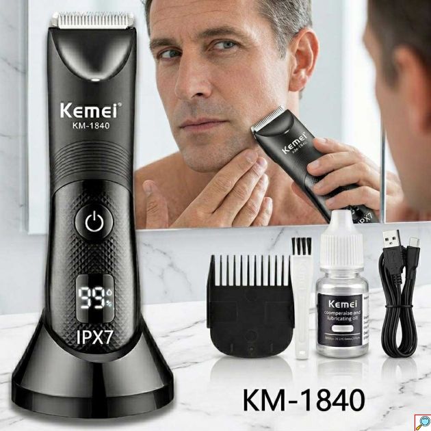 Kemei KM-1840 Επαναφορτιζόμενη Κουρευτική Μηχανή – Κεραμική Λεπίδα, IPX7, LED & LCD Display
