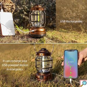 Επαναφορτιζόμενο USB Φωτιστικό Φανάρι - Power Bank LED COB με Μπαταρίες & Γάντζο Θερμού Λευκού Φωτισμού 3500K για Camping