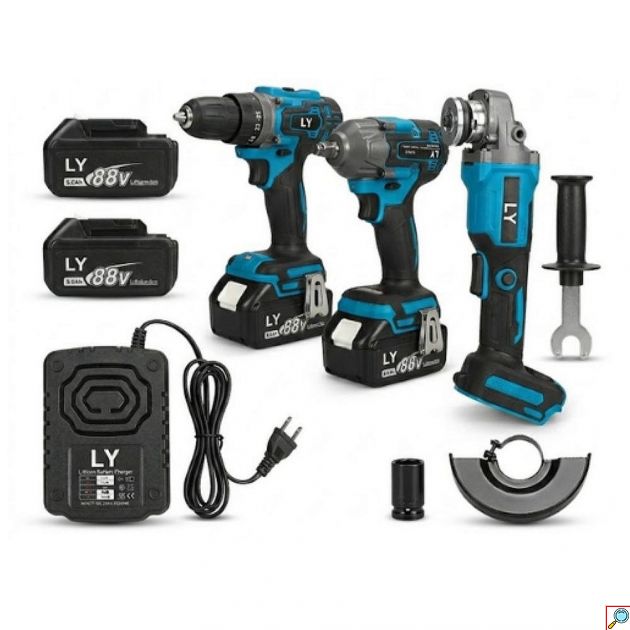 Σετ Εργαλείων LY Tools 3 σε 1 - Τροχός, Κρουστικό Δράπανο και Παλμικό Μπουλονόκλειδο 88V με 2 Μπαταρίες
