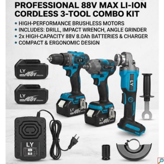 Σετ Εργαλείων LY Tools 3 σε 1 - Τροχός, Κρουστικό Δράπανο και Παλμικό Μπουλονόκλειδο 88V με 2 Μπαταρίες