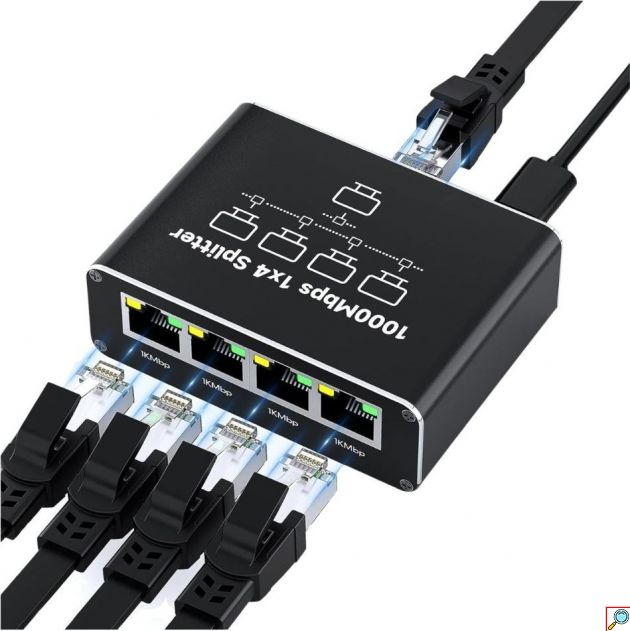 Ethernet Splitter 1 σε 4 Gigabit – Σύνδεση 4 Συσκευών Ταυτόχρονα - 1000Mbps, Τροφοδοσία USB-C, Plug & Play για PC, TV, Router