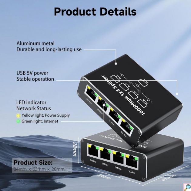 Ethernet Splitter 1 σε 4 Gigabit – Σύνδεση 4 Συσκευών Ταυτόχρονα - 1000Mbps, Τροφοδοσία USB-C, Plug & Play για PC, TV, Router