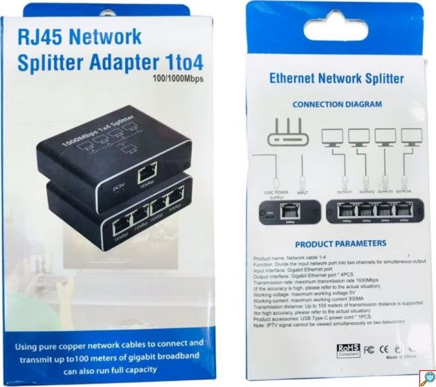 Ethernet Splitter 1 σε 4 Gigabit – Σύνδεση 4 Συσκευών Ταυτόχρονα - 1000Mbps, Τροφοδοσία USB-C, Plug & Play για PC, TV, Router