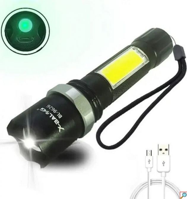Επαναφορτιζόμενος Φακός LED 500lm – Με Πλαϊνό COB LED - Φόρτιση USB, Zoom, 3 Λειτουργίες, Ιδανικός για Camping & Εργασίες