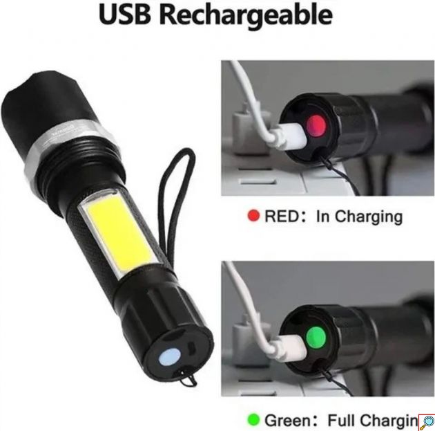 Επαναφορτιζόμενος Φακός LED 500lm – Με Πλαϊνό COB LED - Φόρτιση USB, Zoom, 3 Λειτουργίες, Ιδανικός για Camping & Εργασίες