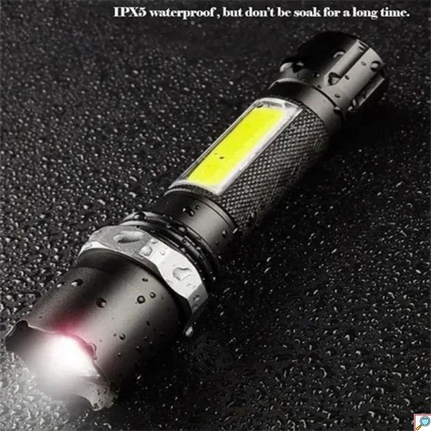 Επαναφορτιζόμενος Φακός LED 500lm – Με Πλαϊνό COB LED - Φόρτιση USB, Zoom, 3 Λειτουργίες, Ιδανικός για Camping & Εργασίες