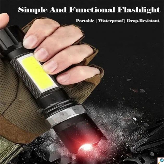 Επαναφορτιζόμενος Φακός LED 500lm – Με Πλαϊνό COB LED - Φόρτιση USB, Zoom, 3 Λειτουργίες, Ιδανικός για Camping & Εργασίες