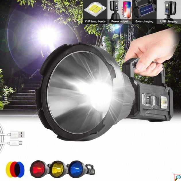 Ηλιακός Φακός Προβολέας LED – Power Bank & Φόρτιση USB - Ισχυρός Φωτισμός για Κάμπινγκ, Εργασία & Έκτακτη Ανάγκη