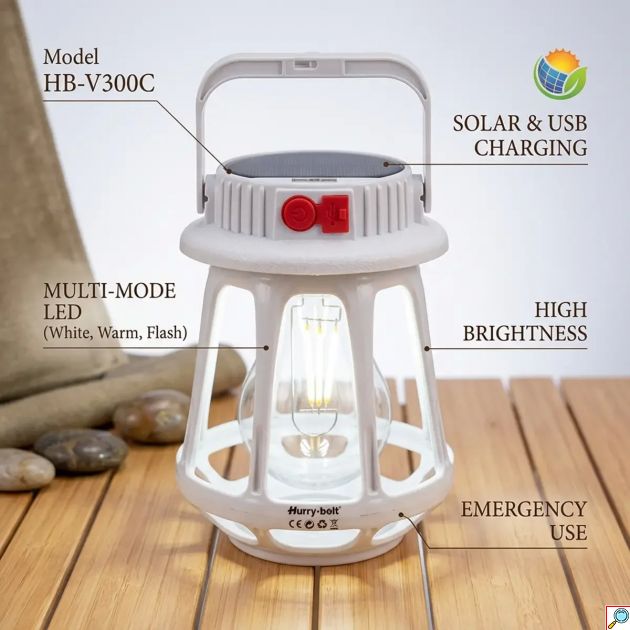 Ηλιακό Φανάρι LED 300W - Επαναφορτιζόμενο Με USB & Ηλιακή Φόρτιση, 3 Λειτουργίες Φωτισμού