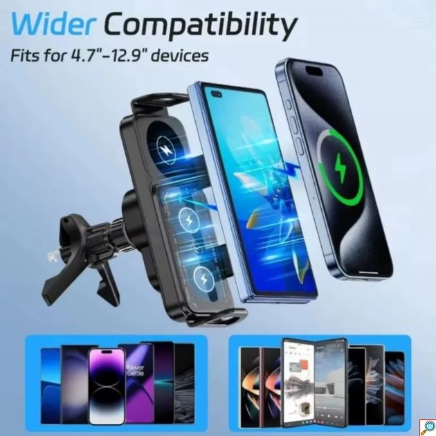 Βάση Κινητού Αυτοκινήτου Z-Fold Charger 15W με Ασύρματη Φόρτιση - Για Samsung Z Fold/Flip & iPhone, Αυτόματο Κλείδωμα, Περιστροφή 90°