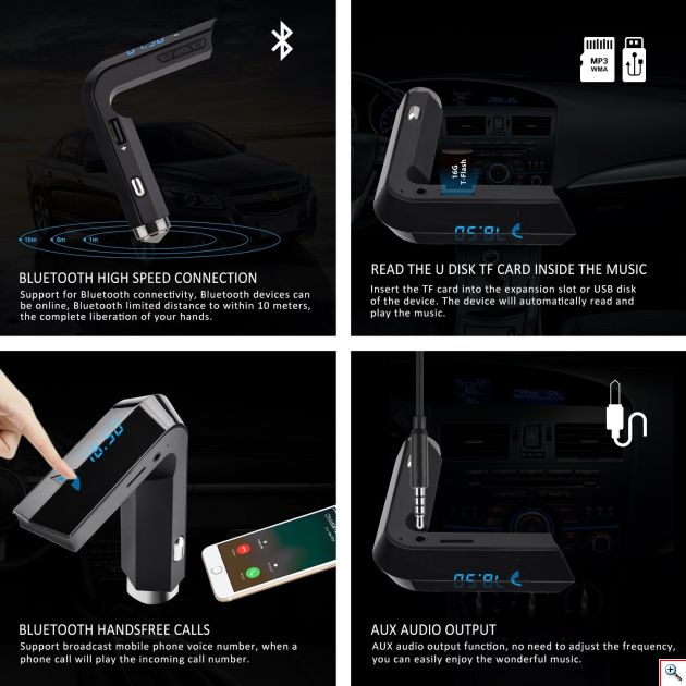 Bluetooth USB/SD MP3 Player, AUX & Φορτιστής USB 2A Αυτοκινήτου - Car FM Transmitter Hammer 593