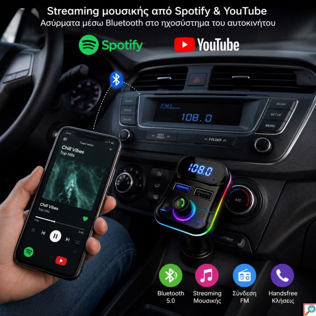 FM Transmitter Bluetooth Αυτοκινήτου – Handsfree, MP3 Player & Διπλός Φορτιστής USB ARRANGO