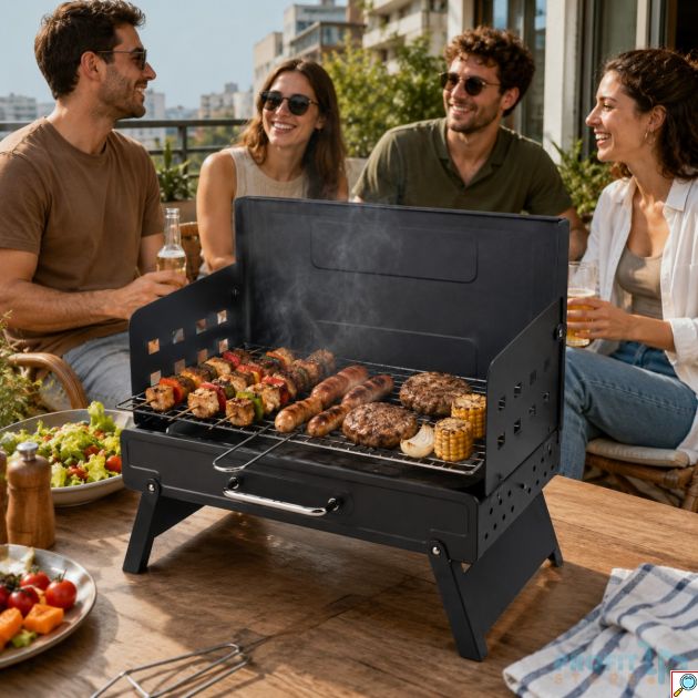 Φορητή Ψησταριά BBQ Κάρβουνου Αναδιπλούμενη με Ρυθμιζόμενο Ύψος Σχάρας 50x28cm
