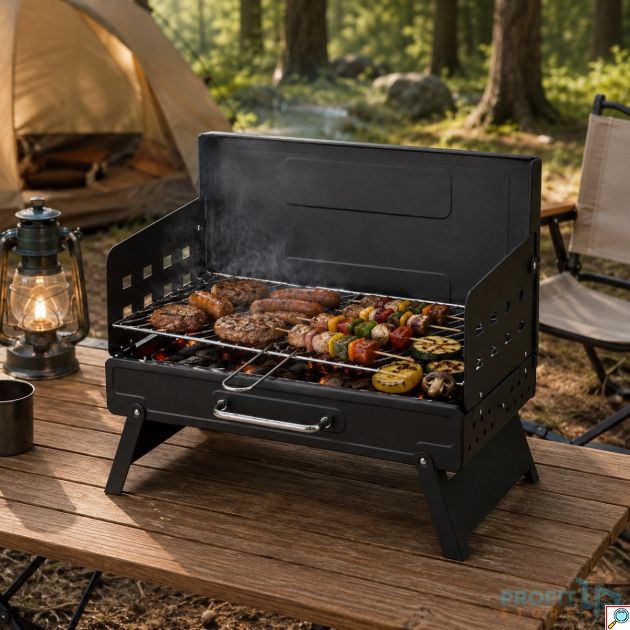 Φορητή Ψησταριά BBQ Κάρβουνου Αναδιπλούμενη με Ρυθμιζόμενο Ύψος Σχάρας 50x28cm