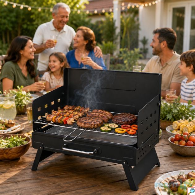 Φορητή Ψησταριά BBQ Κάρβουνου Αναδιπλούμενη με Ρυθμιζόμενο Ύψος Σχάρας 50x28cm