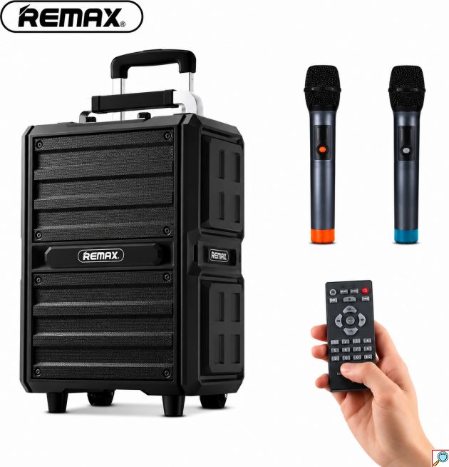 Φορητό Ηχείο Bluetooth Karaoke Remax RB-X5 50W με 2 Ασύρματα Μικρόφωνα | Τρόλεϊ, USB, AUX, Επαναφορτιζόμενο