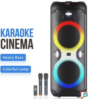 Φορητό Ηχείο Καραόκε με 2 Μικρόφωνα, Bluetooth, FM και Φωτισμό LED RGB - SuperBass