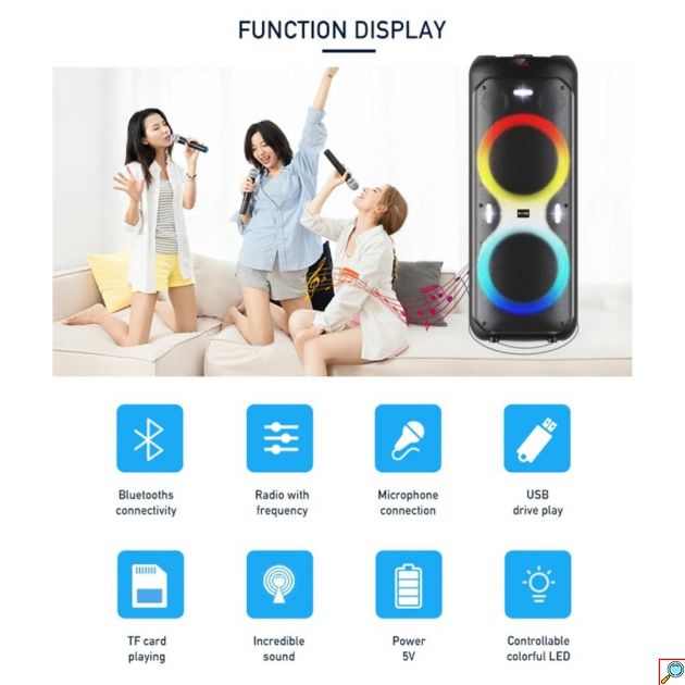 Φορητό Ηχείο Καραόκε με 2 Μικρόφωνα, Bluetooth, FM και Φωτισμό LED RGB - SuperBass