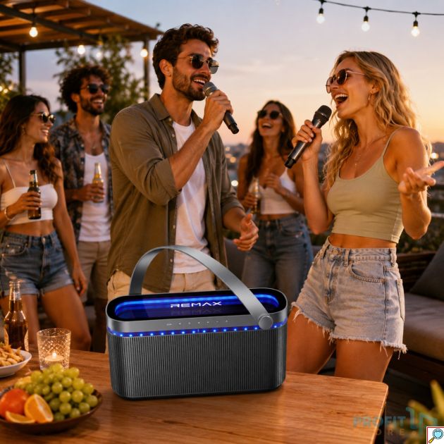 Φορητό Ηχείο Karaoke Remax RB-MB09 80W – Bluetooth με 2 Ασύρματα Μικρόφωνα | RGB Φωτισμός, Επαναφορτιζόμενο