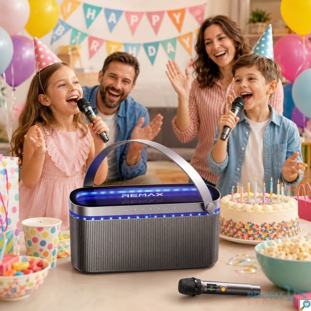 Φορητό Ηχείο Karaoke Remax RB-MB09 80W – Bluetooth με 2 Ασύρματα Μικρόφωνα | RGB Φωτισμός, Επαναφορτιζόμενο