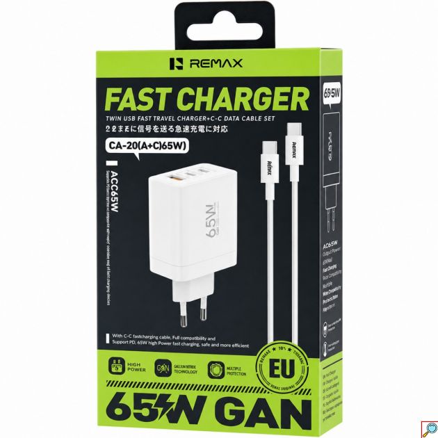Φορτιστής Ταχείας Φόρτισης Remax CA-20 65W GaN – 2x USB-C & 1x USB-A | Με Καλώδιο USB-C, για Laptop, Smartphone, Tablet