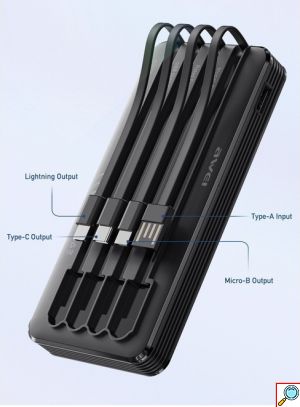 Power Bank - Φορητή Μπαταρία Φορτιστής 10000mAh με 4 Καλώδια Lightning, Type-C, Micro USB, USB - LED Ένδειξη Μπαταρίας - Awei P133K Μαύρο