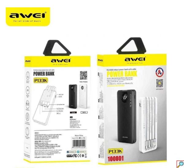 Power Bank - Φορητή Μπαταρία Φορτιστής 10000mAh με 4 Καλώδια Lightning, Type-C, Micro USB, USB - LED Ένδειξη Μπαταρίας - Awei P133K Μαύρο