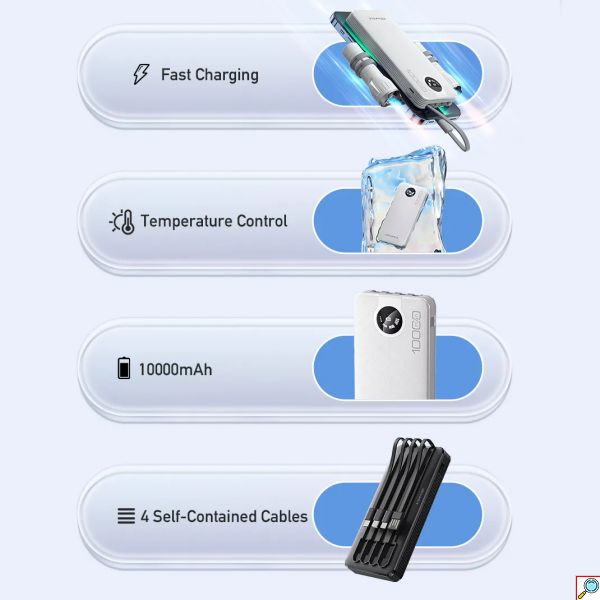 Power Bank - Φορητή Μπαταρία Φορτιστής 10000mAh με 4 Καλώδια Lightning, Type-C, Micro USB, USB - LED Ένδειξη Μπαταρίας - Awei P133K