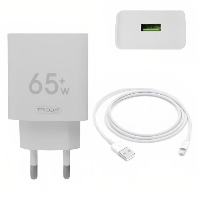 Φορτιστής Ταχείας Φόρτισης με 1 Θύρα USB 4.5A 65W και Καλώδιο Lightning - Treqa