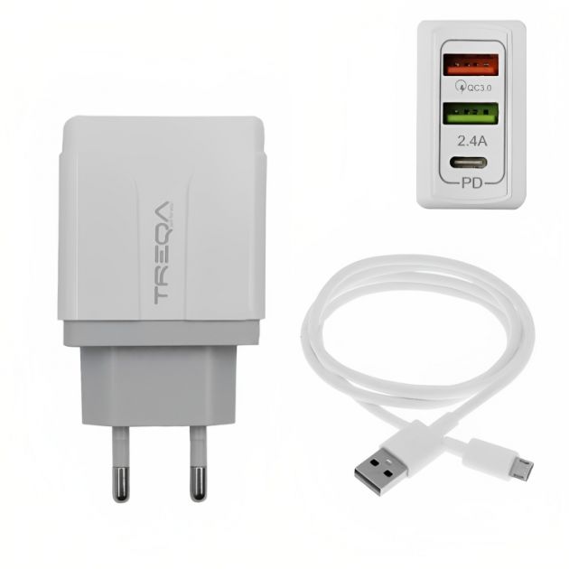 Φορτιστής Ταχείας Φόρτισης με 2 Θύρες USB 5.4A, 1 θύρα USB-C PD 38W και Καλώδιο Micro USB - Treqa