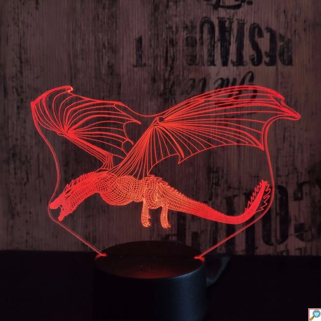 Επιτραπέζιο Φωτιστικό LED 3D Illusion Πετούμενος Δράκος - 7 Χρώματα, Ατμοσφαιρικός Φωτισμός, USB & Μπαταρία, Ιδανικό για Διακόσμηση
