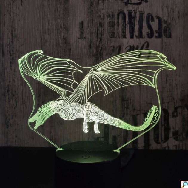 Επιτραπέζιο Φωτιστικό LED 3D Illusion Πετούμενος Δράκος - 7 Χρώματα, Ατμοσφαιρικός Φωτισμός, USB & Μπαταρία, Ιδανικό για Διακόσμηση