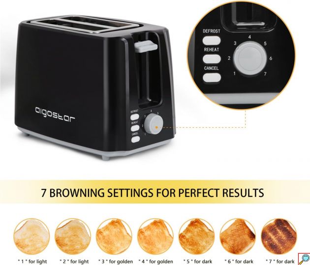Φρυγανιέρα 2 Θέσεων 750W - Με 7 Ρυθμίσεις Ψησίματος και Αποσπώμενο Δίσκο για τα Ψίχουλα - AIGOSTAR
